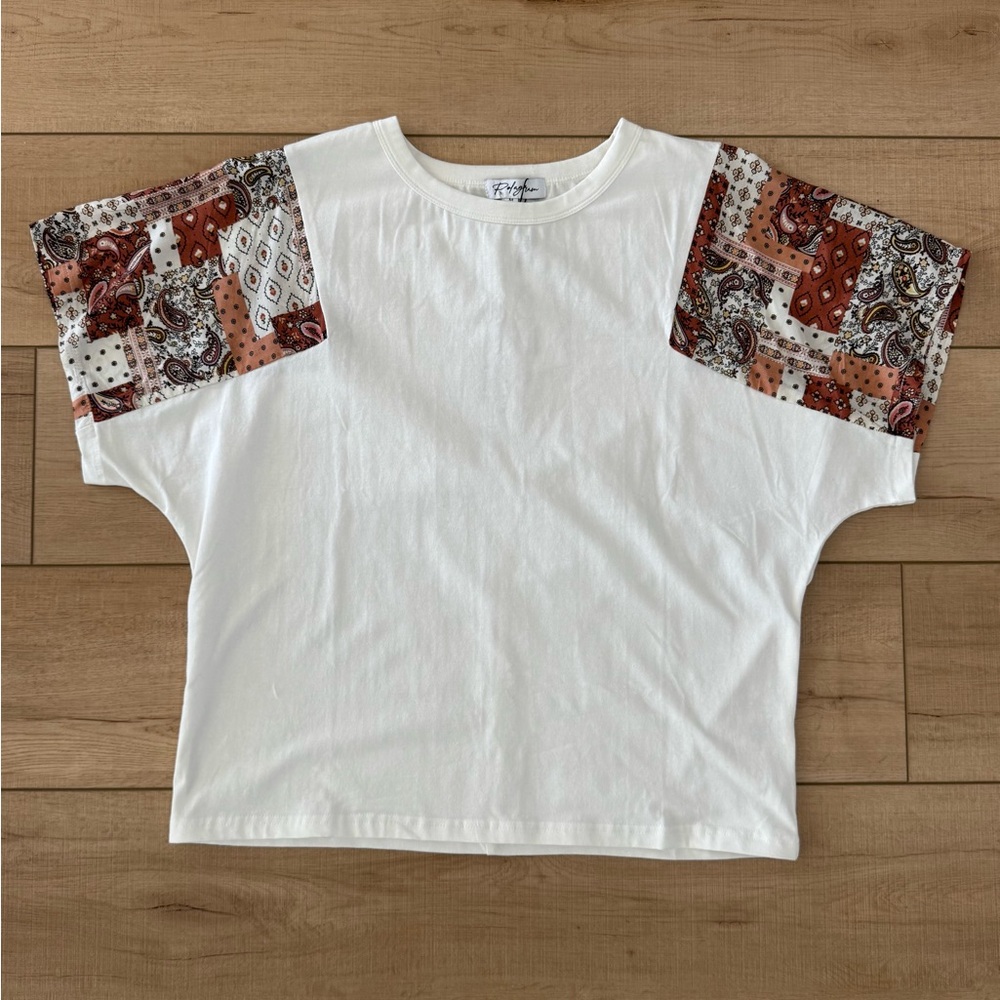 NWT - White Top with Patchwork Sleeves